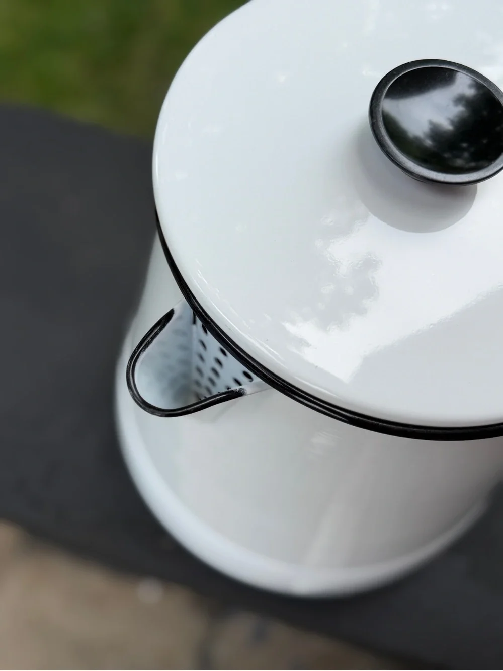 White Enamelware Coffee Pot with Black Trim